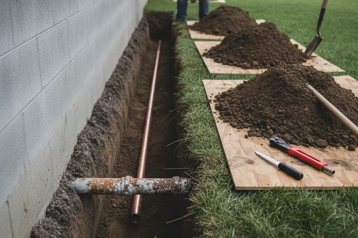 Excavated water line trench during Sewer Line Repair in North Highlands